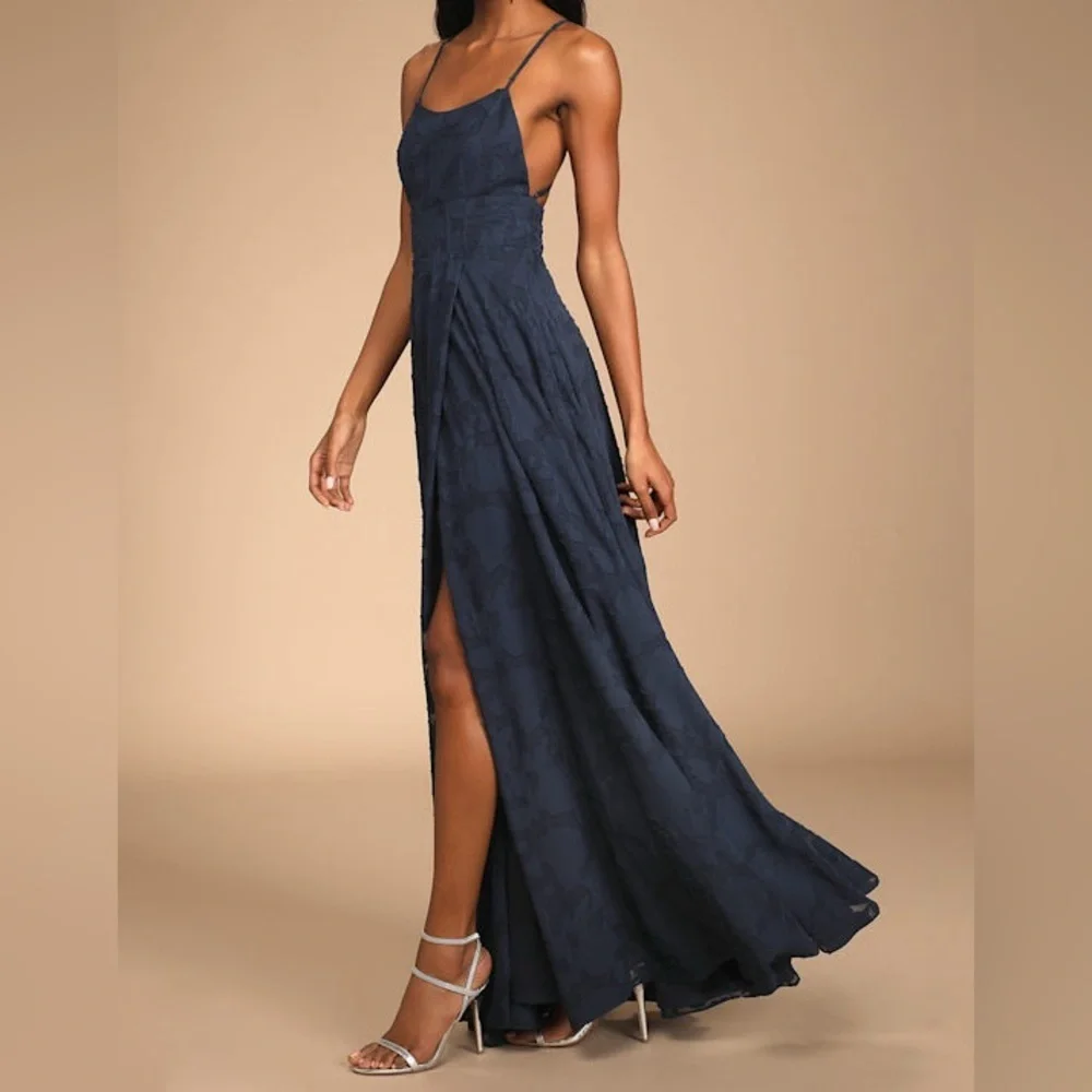 NWT Lulus Let There Be Romance Blue Burnout Floral Maxi Wedding Guest Dress L - Picture 3 of 16